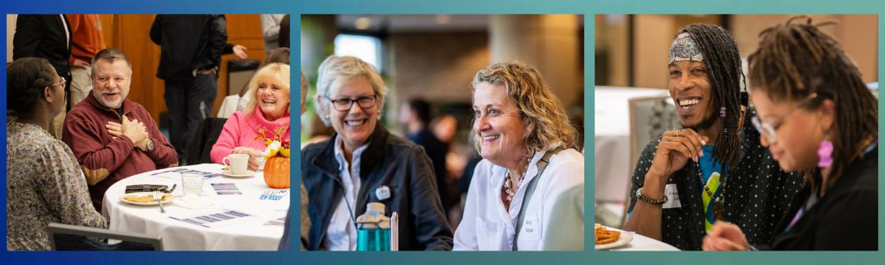 Individuals smiling and engaging with another